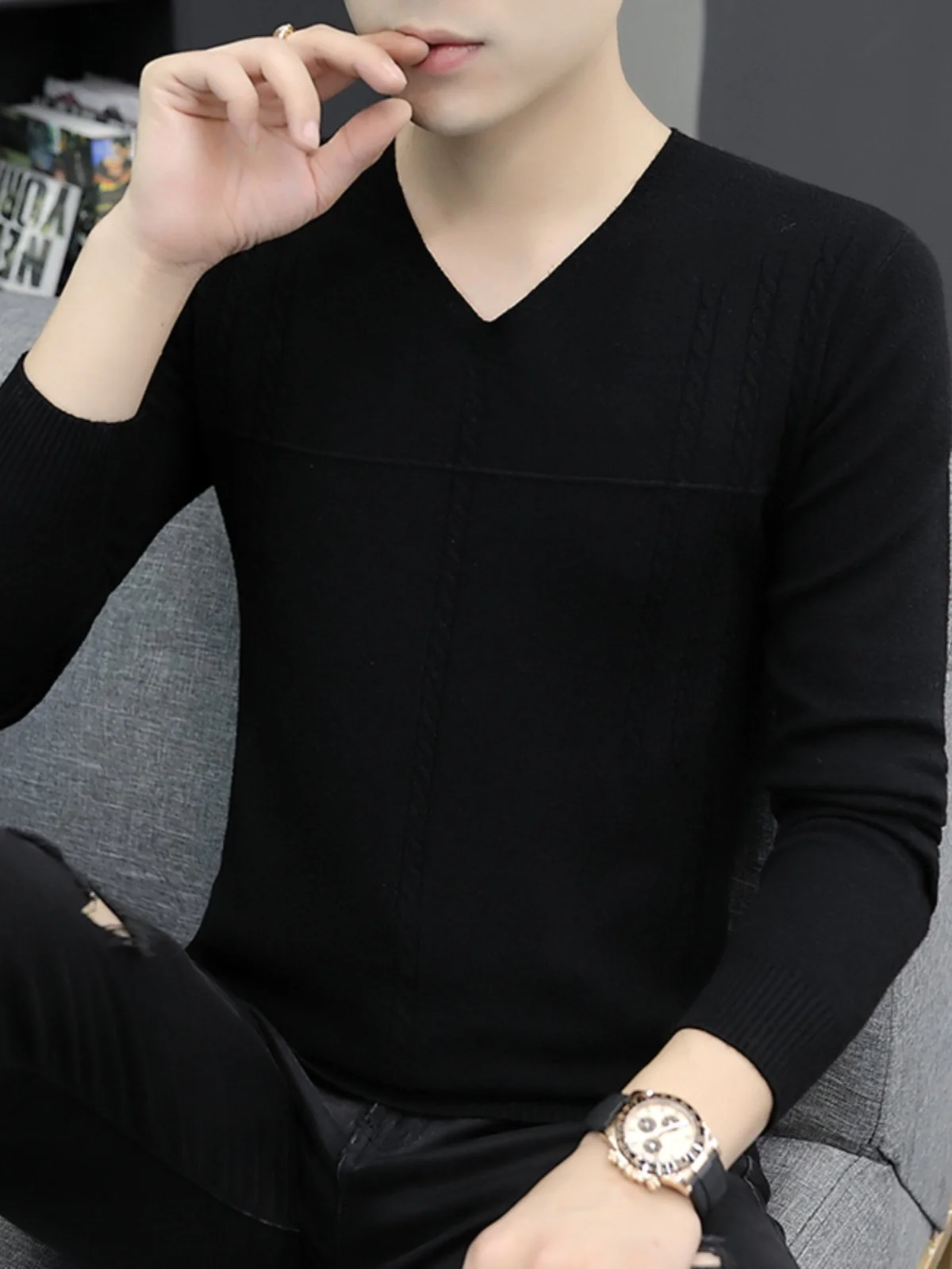 

Мужской тонкий вязаный пуловер с V-образным вырезом и длинным рукавом, однотонный, базовый, осенне-зимний