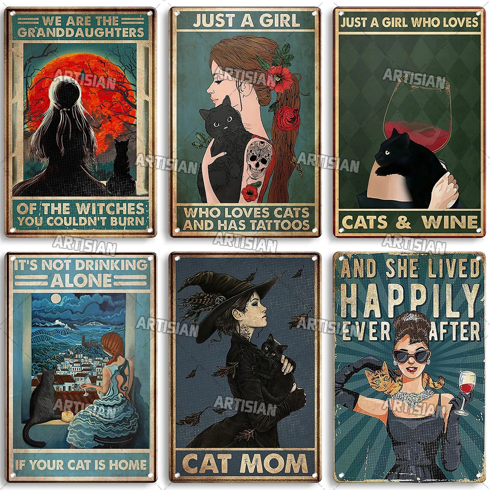 Artisian Girl And Cat Metal Sign Pet Tin Poster Funny Decorative Plate Wall Decor Garage Bar Pub Club Hotel Cafe Kitchen Home