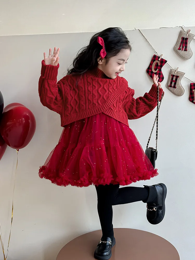 

Autumn Winter Children Sweater Coat Knitted Tops + Dress 2pcs Clothes Suit Kids Girls Princess Clothing Girls Clothes Set