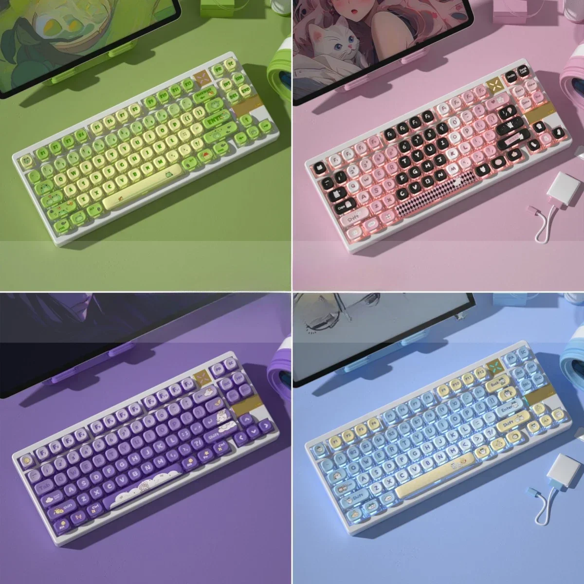 Keyboard Keycaps Cute Girls Key Caps Frog Cat Bunny Transparent Key Caps for Mechanical Keyboard Caps for Office Home Work