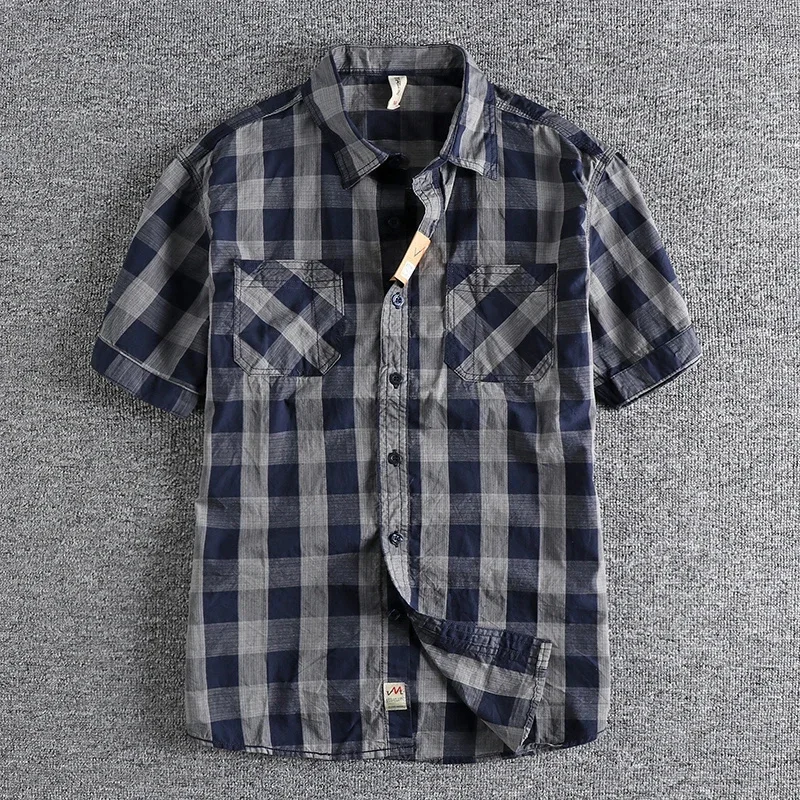 Classic yarn-dyed plaid short-sleeved men's shirt summer daily trend all-match washed cotton half sleeve