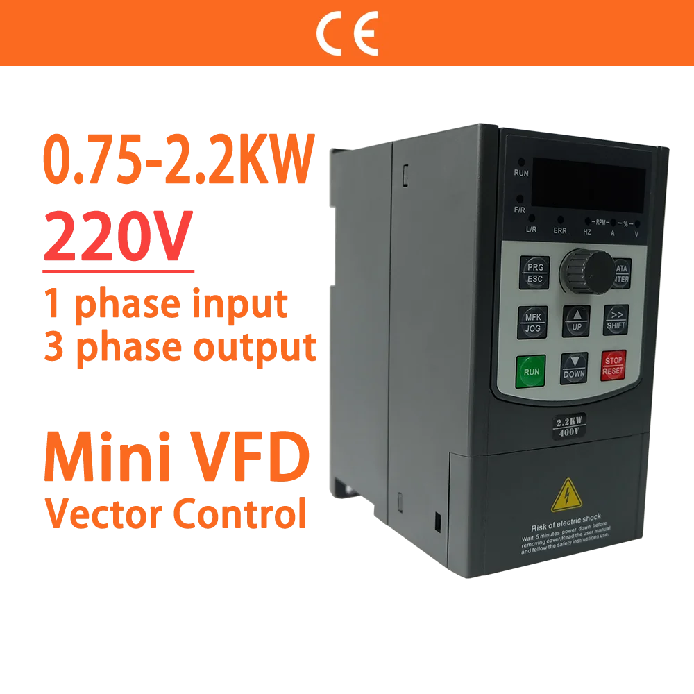 

VFD 0.75/1.5/2.2KW 1/2/3HP Variable Frequency Drive Inverter 1 Phase Input 3 Ph 220V Output Converter for Control Motor Speed