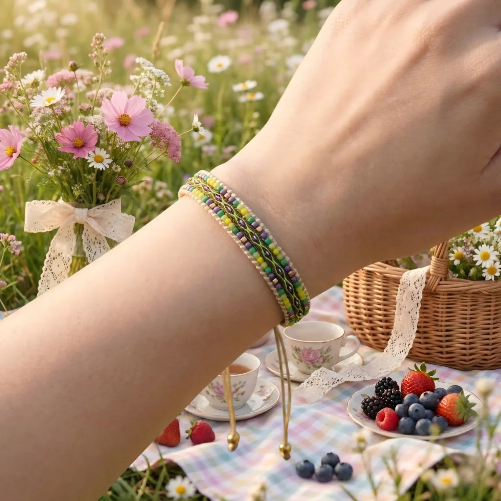 

Color Gradient Braided Hand-Beaded Bracelet Unisex Handmade Adjustable Drawstring Forest-Style Exquisite Design Jewelry