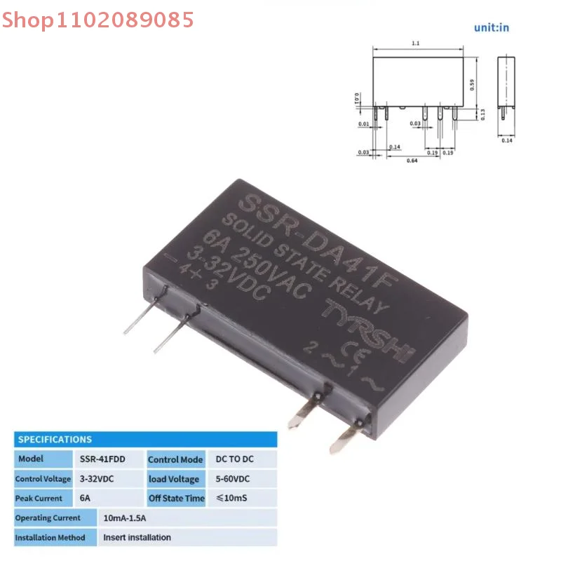 SSR-41FDD/41FDA Slim Relay Module: DC to DC Solid State Relays, Non-contact Mini Relay 6A 3-32VDC, DIN Rail Mounted