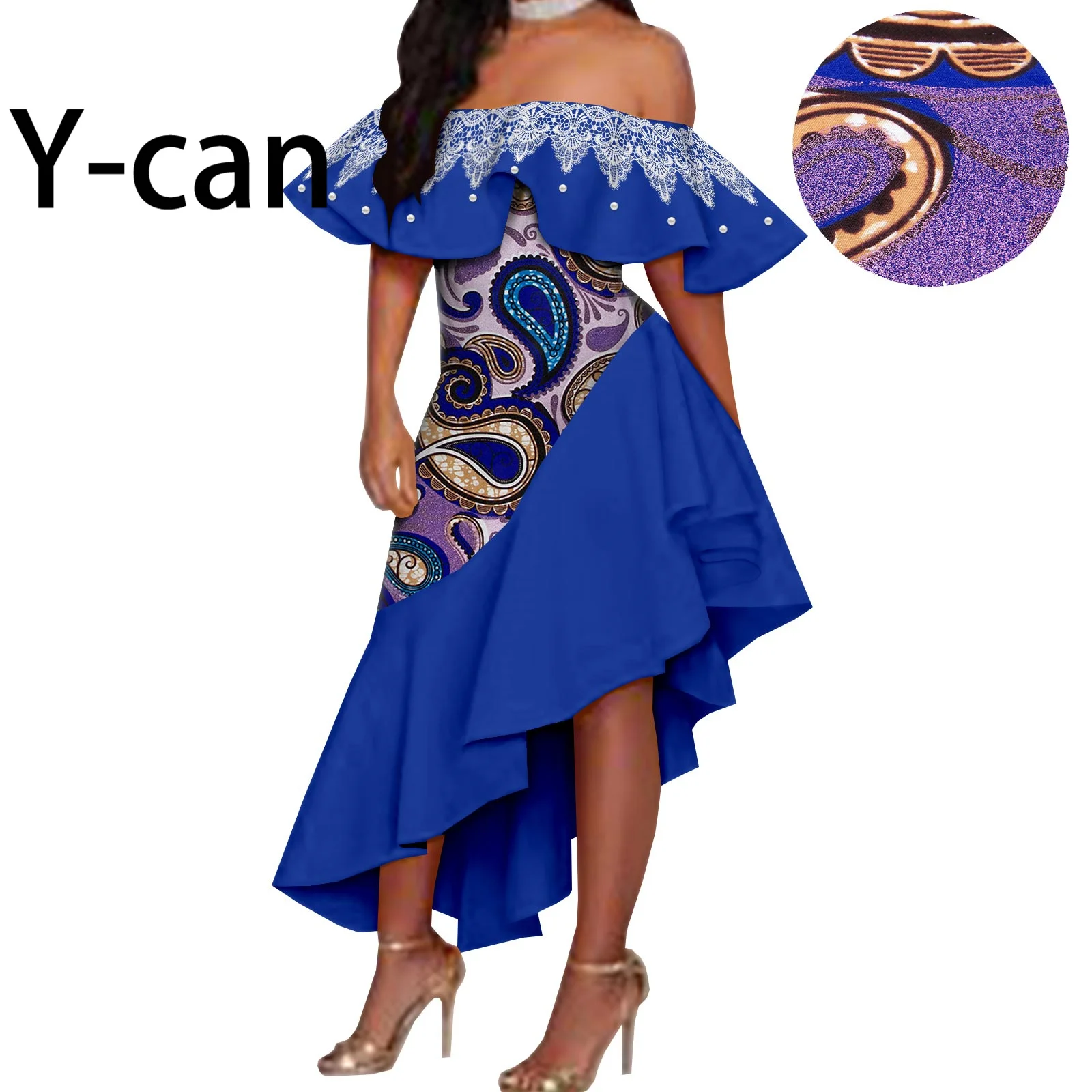 

African Women Dress 2024 New Sexy One shoulder Dress Print Lace Pearls Ruffles Party Long Vestidos Women Dress Y2225004