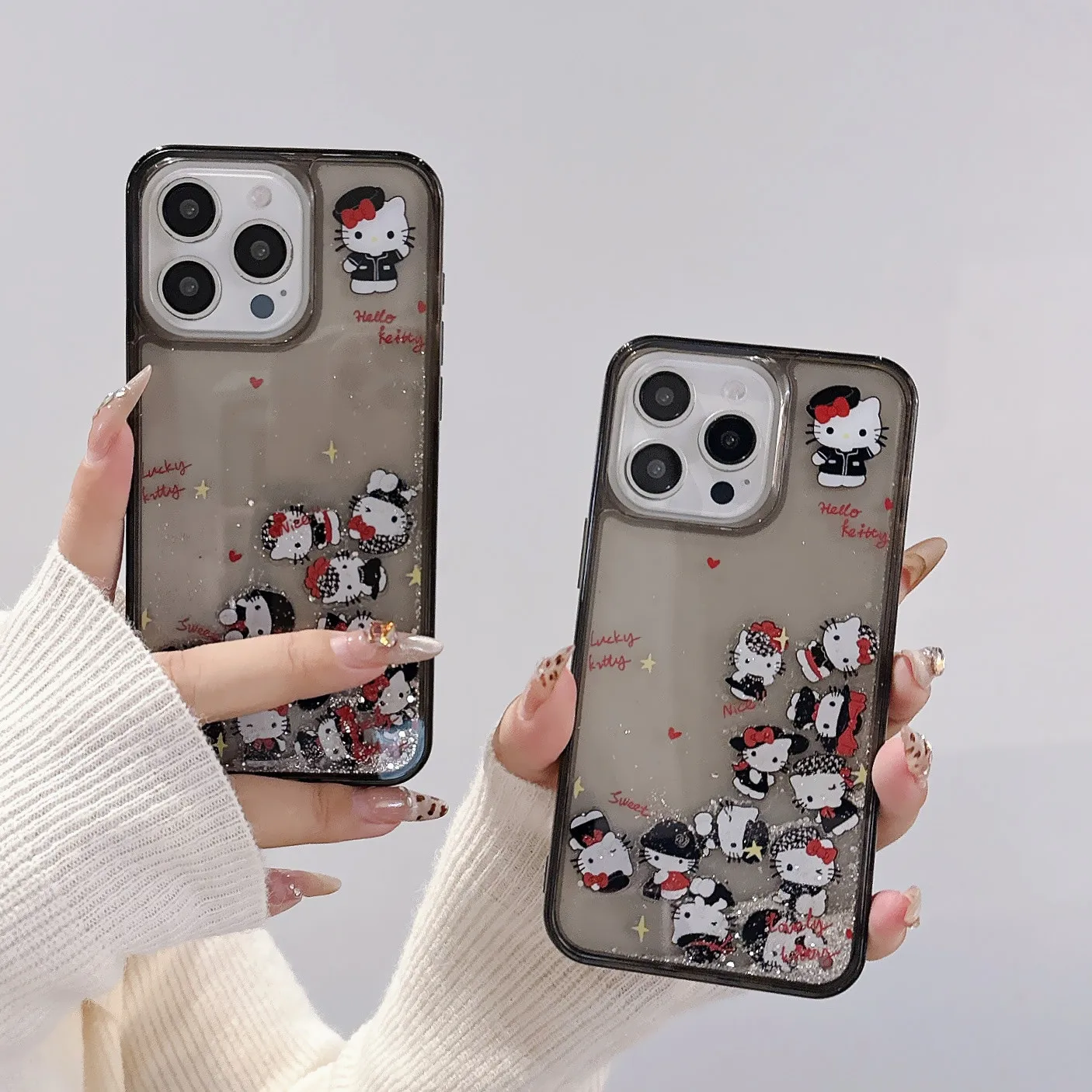 

Black Cute Sanrio Gown Hello Kitty Quicksand Fall-proof Phone Case, Cartoon Anime, For IPhone 11, 12, 13, 14, 15 16 Pro Max