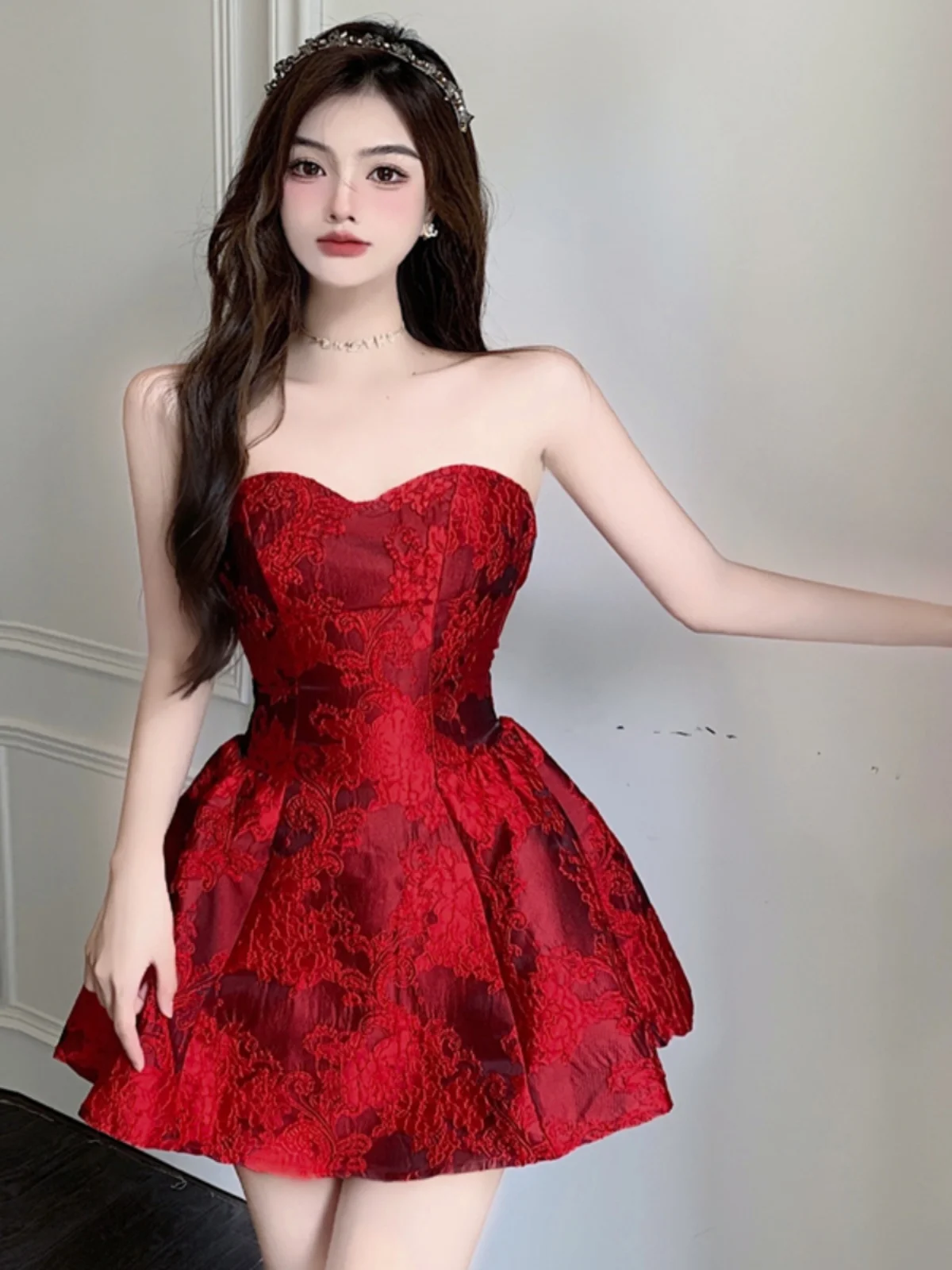 

Китайский Новый год, красный принт, пышный топ Dr Sweet And Spicy, юбка-миди, модная женская одежда со средней талией