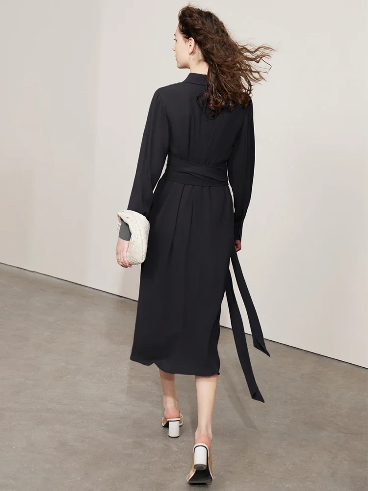 

AMII Minimalism Turndown Collar Lace-up Dresses for Women 2025 Summer New French Chiffon Shirt Dress Female Clothing 12371066