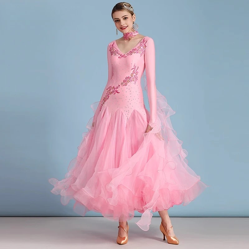 Robe de danse de salon pour femmes modernes, vêtements de danse modernes Standard, manches longues, Costumes de scène de valse incrustés de diamants