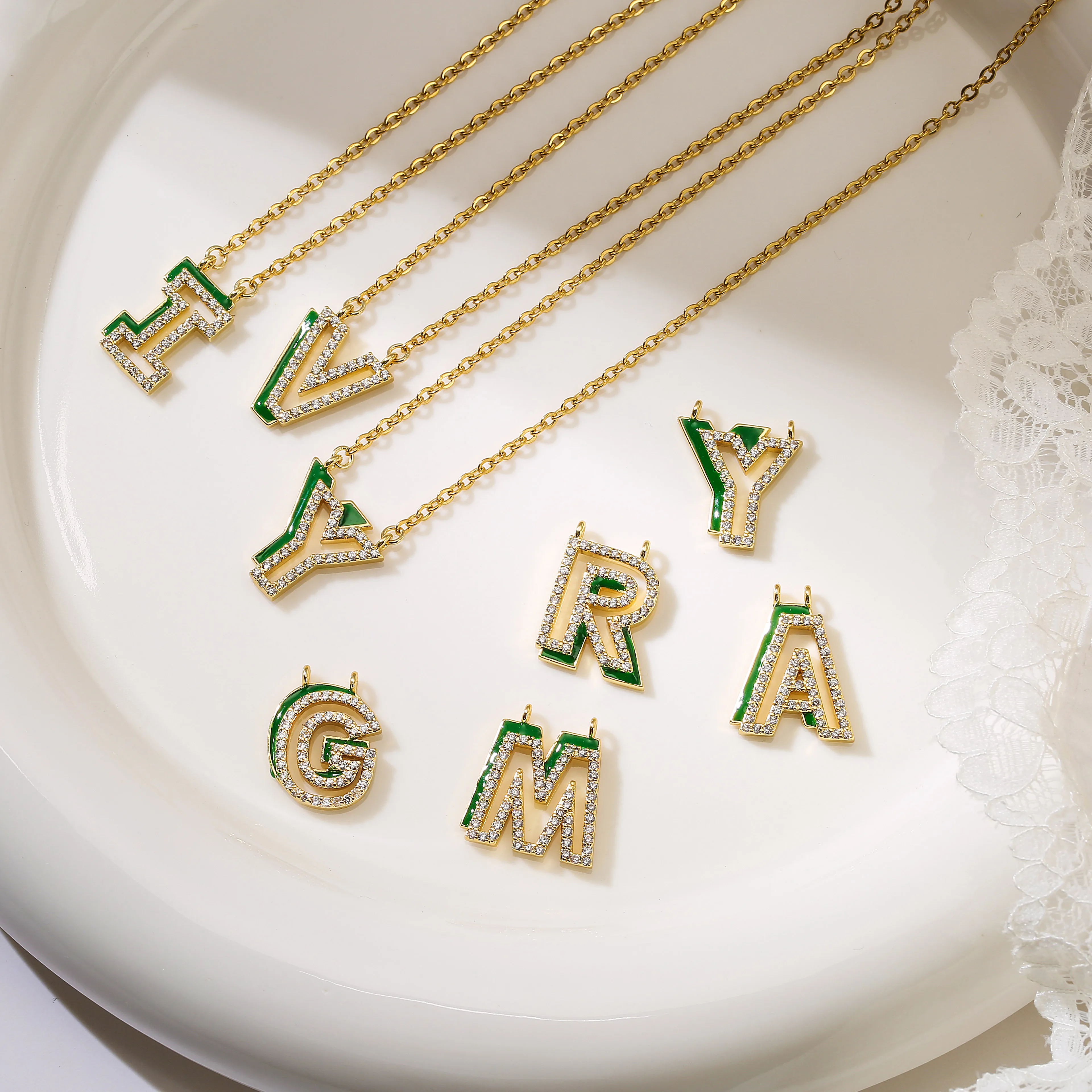 18K Gold Plated Brass Initial Letter CZ Necklace For Women Cubic Zirconia Inlaid Enamel Alphabet Pendant Jewelry Gift