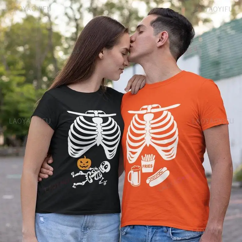 Family All Saints' Day Announcement Skeleton Graphic T Shirts Couple Halloween High Quality Cotton Costume Orange Short-sleev