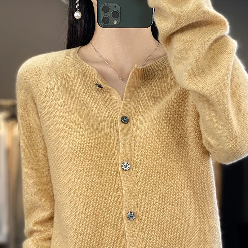 Oversize Women' Cardigan 100% Australian Wool O-Neck Solid Color Cardigan Top Comfortable Knit Sweater ButtonUp NewStyle Fashion