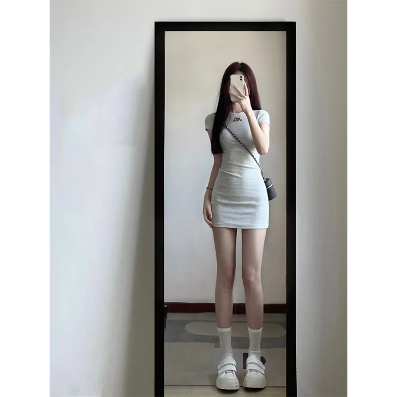 

Летнее облегающее платье Ele Hot Girl из хлопковой смеси для женщин, модное, в уличном стиле, с коротким рукавом и круглым вырезом, юбка А-силуэта
