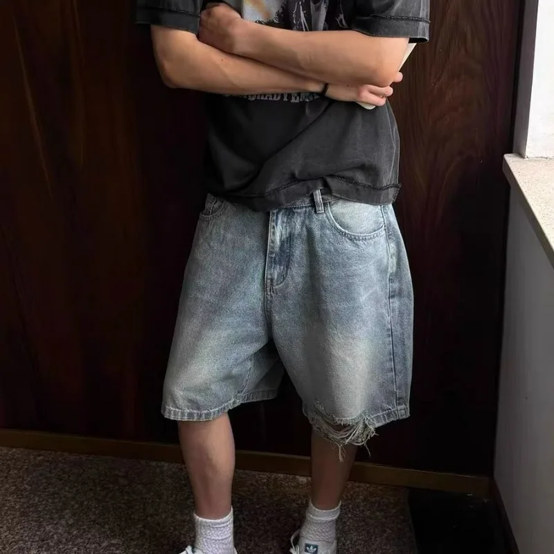 

Men Light Blue Washed Denim Shorts Loose Fit Distressed Fringe Hem Baggy Casual Streetwear Jean Shorts