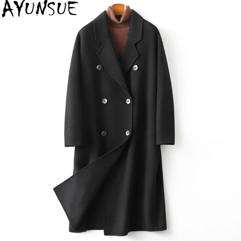 

Pure AYUNSUE Color Long Coat for Women 2024 New Fall Winter 100% Wool Coats Elegant Double-breasted Woolen Jackets Suit Collar