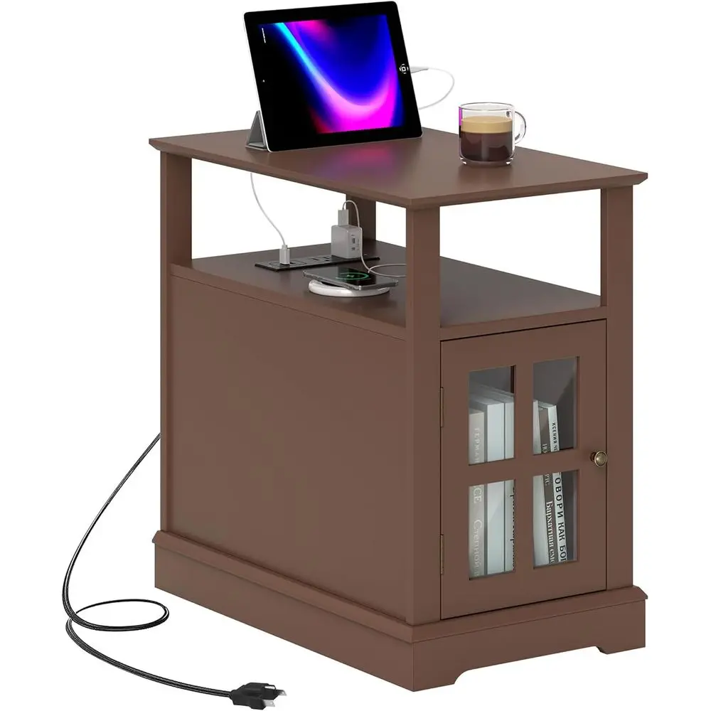 Brown Living Room Side Table with USB Charging and Hidden Storage