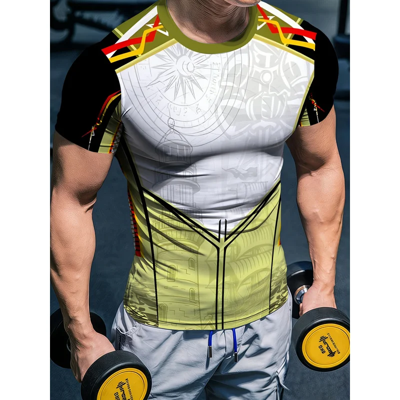 Mens Tight Fit Training Base Layer Compression T Shirt Golden Sail Fitness Print Design Short Sleeve Quick Dry Breathable Round