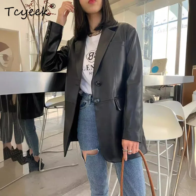 Tcyeek Real Sheepskin Coats Women Korean Style Suit Jacket for Women Mid-length Genuine Leather Jacket 2026 Autumn New Chaquetas