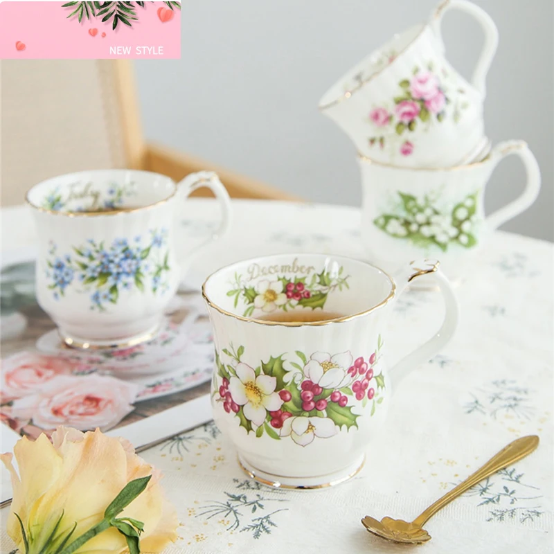 

Retro Coffee Mug Ceramic Exquisite Seasonal Flower Printed Couple Cup Bone China Creative Gift Home Drinkware Breakfast Milk Mug