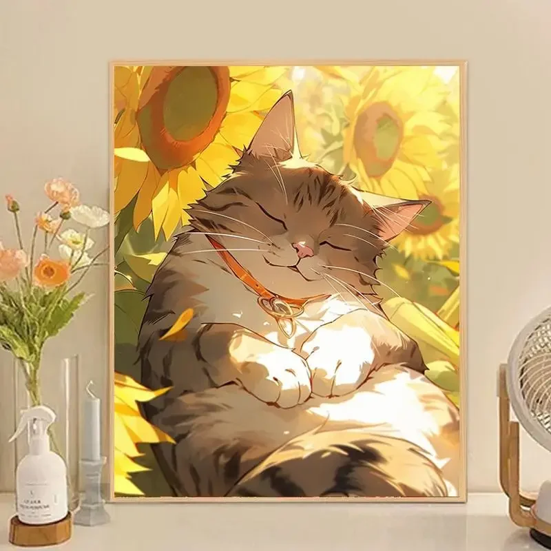 

Creative DIY Digital Oil Painting Kawaii Cute Cats Kittens Cartoon Sunflower Decorative Painting By Number