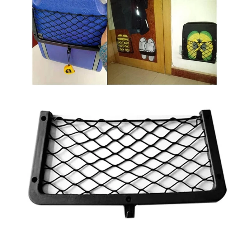 Car Net Bag with Screws for Secure Fit in Auto RV Home Marine Bus for Seat Side Plastic Frame with Stretchable Mesh Net