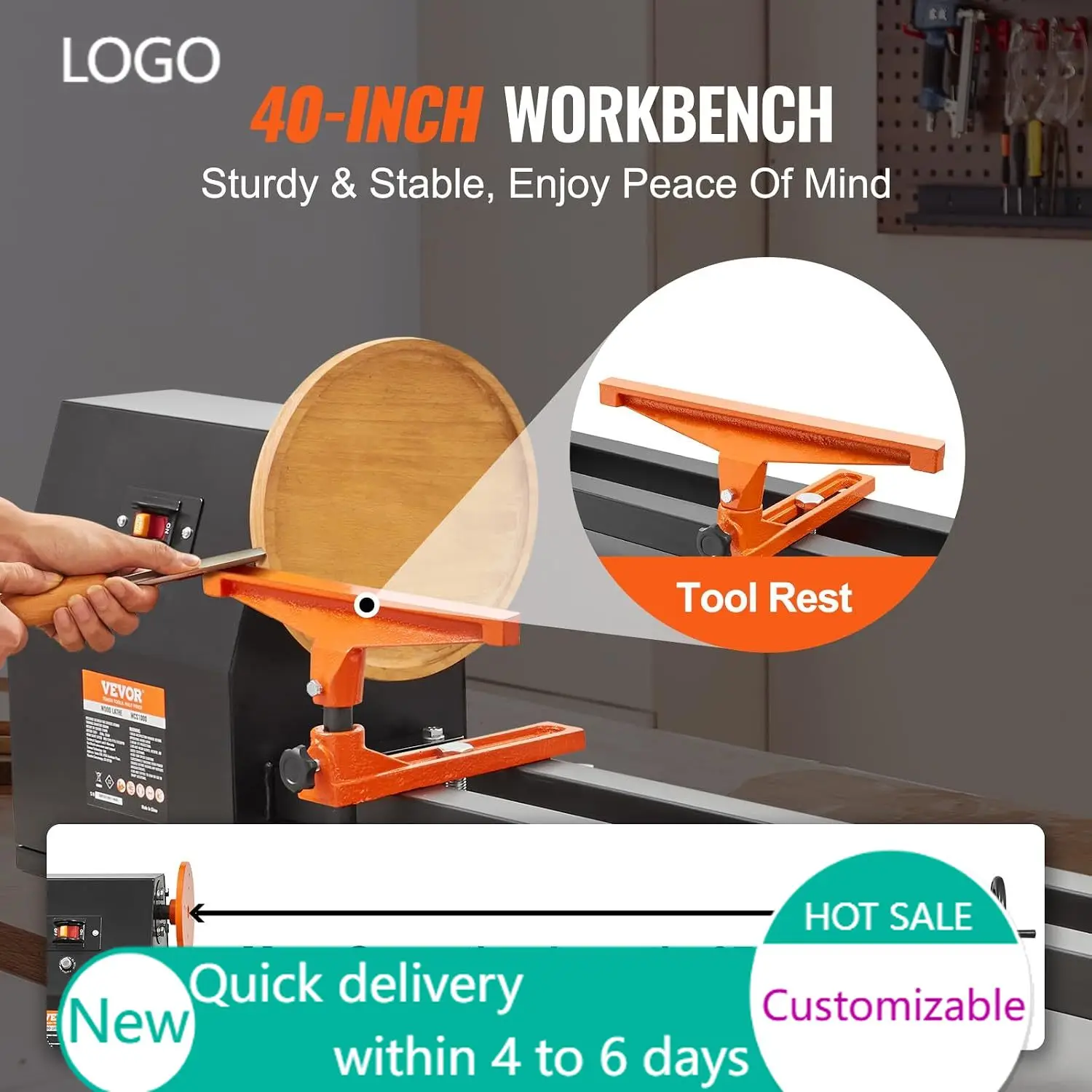 Wood Lathe, 14 in x 40 in, 4 Speed Adjustable 885/1245/1715/2425 RPM 0.5 HP 370W Power Turning Lathe Machine