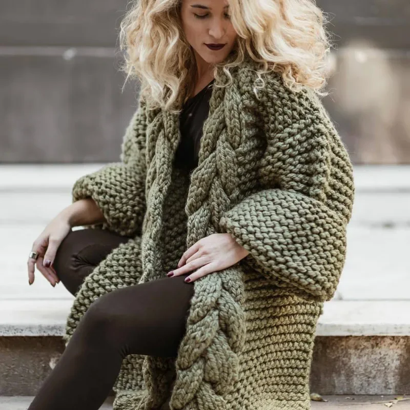 

Hand-woven Split Wild Tassels Hook Twist Sweater Coat Crocheted Cardigan Autumn and Winter Thick Long Lantern Sleeve Crop Tops