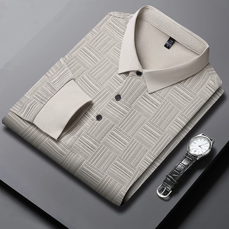 New Men\'s Business Casual Long Sleeved Shirt Solid Color Polo Shirt Fashionable Breathable Comfortable Versatile Top