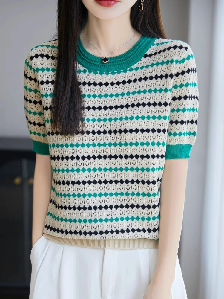 100% Pure Cotton Summer Thin Knitted Short Sleeve T-Shirt Women's Comfortable Base Layer Classic Stripe Pattern round Neck Top