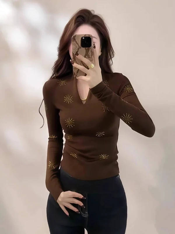 

plus Size Women's Long Sve V-Ne Glitter T-irt Korean Sle Base irt Autumn Winter Faion Top Women's Clothing