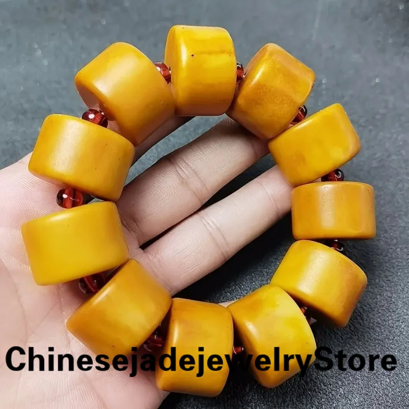 Natural Amber Beeswax Old Stone Beads Elastic Beaded Bangles For Men Hand Bracelet Yellow Honey Wax Succinum Amulet Bracelets