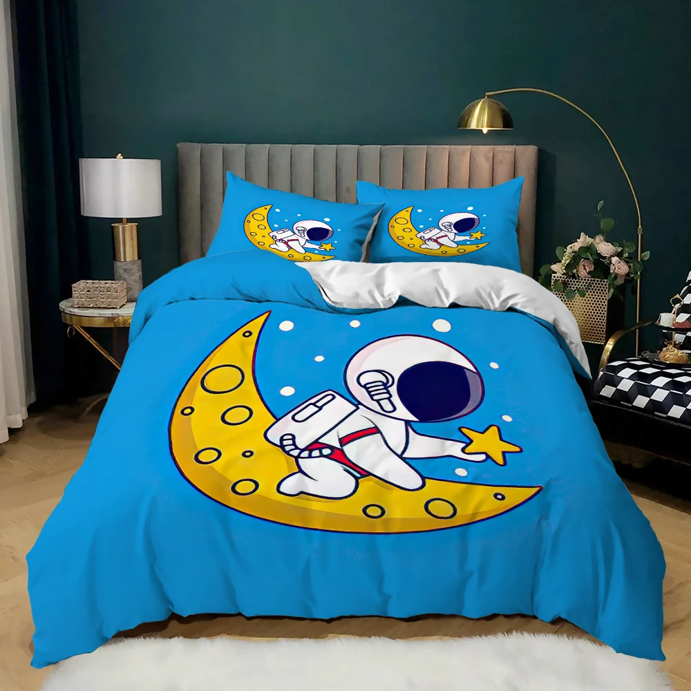 

King Size Cartoon Astronaut Duvet Cover - Microfiber, Space Theme with Star Moon Pattern, Full & Twin Sizes Available
