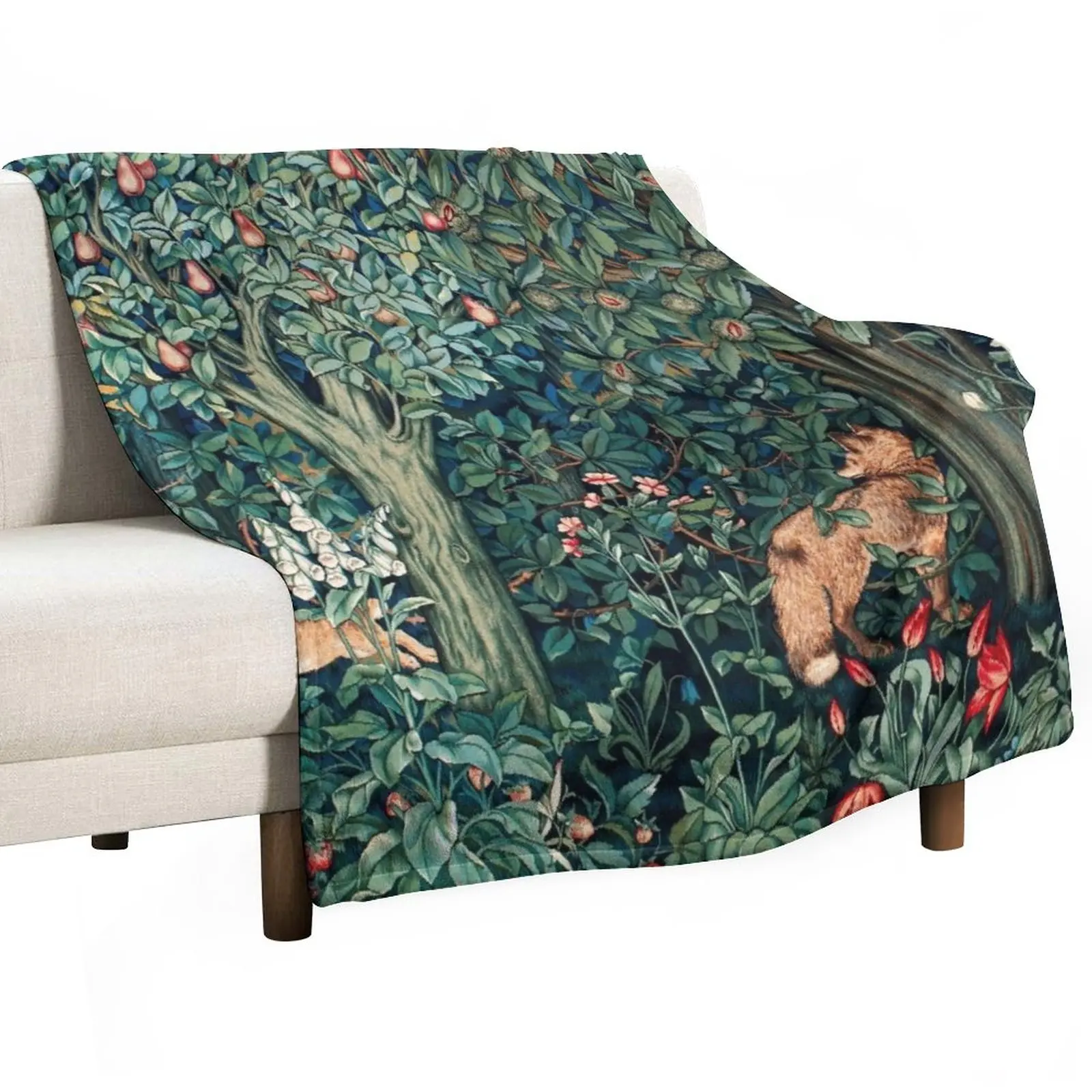 

GREENERY, FOREST ANIMALS Fox and Hares Blue Green Floral Tapestry Throw Blanket Travel Blanket Custom Blanket