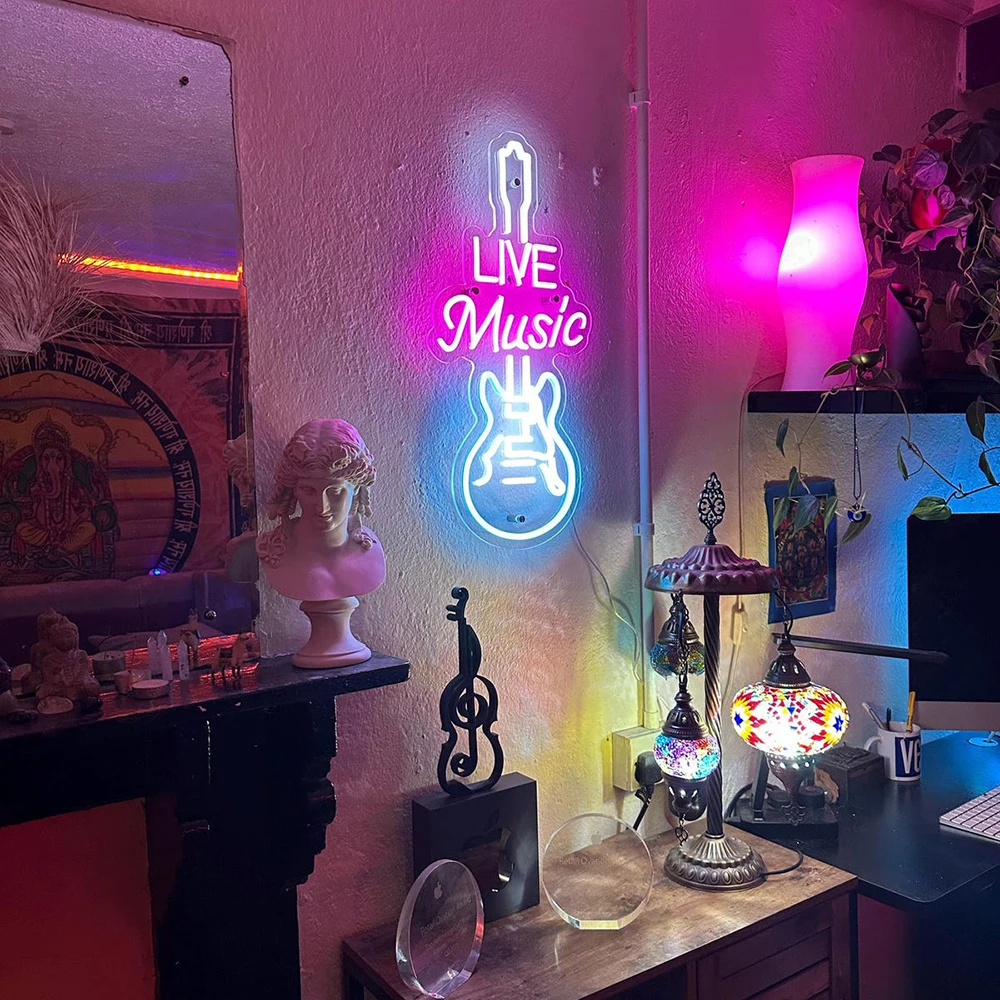 Live Music Neon Sign Guitar Neon Wall Art Custom Music Party Studio Decor Led Light Living Room Bar Nightclub Music Lover Gifts