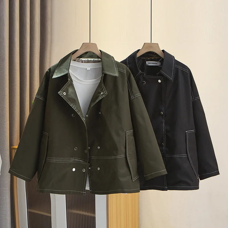 2023 Autumn Clothes Women Jacket Plus Size Loose Bright Line Safari Style Army Green Coat Curve