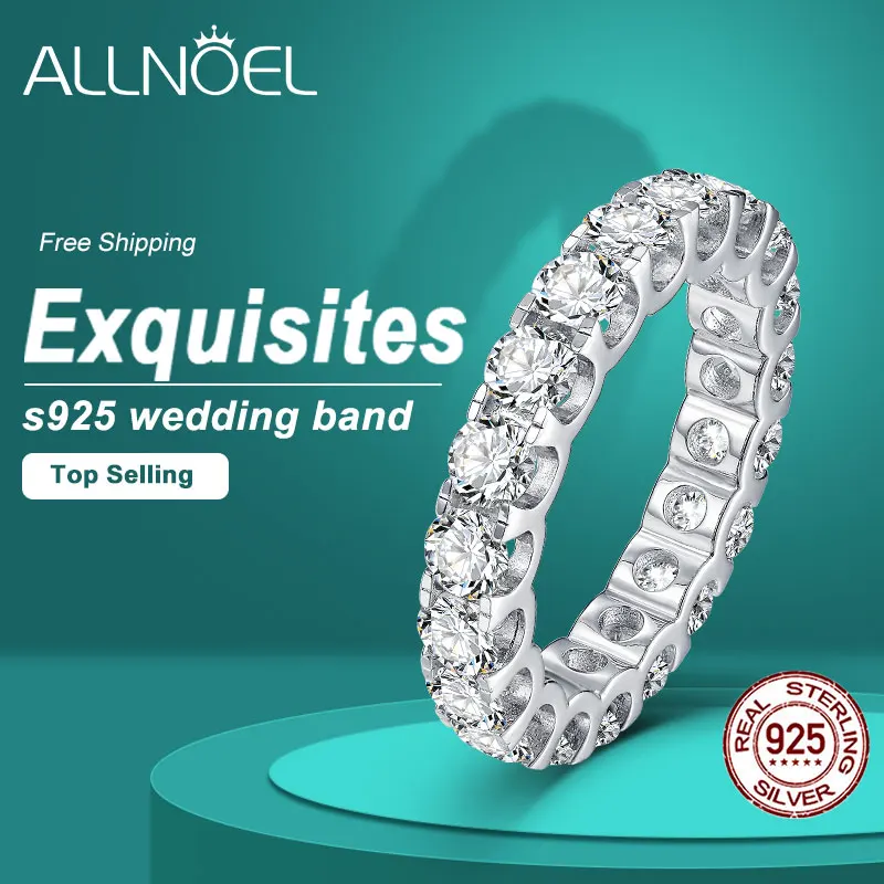 

ALLNOEL 2mm Full Moissanite Ring for Women D Color VVS1 Female Single Tail Ring 925 Silver Ring Wedding Eternity Band With GRA