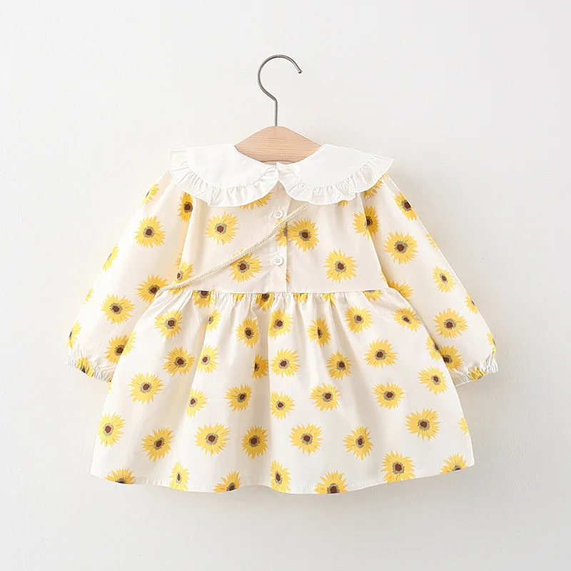 2Piece Set Spring Toddler Girl Dresses Korean Cute Flowers Long Sleeve Doll Collar Princess Dress+Bag Baby Clothes Outfit BC1827