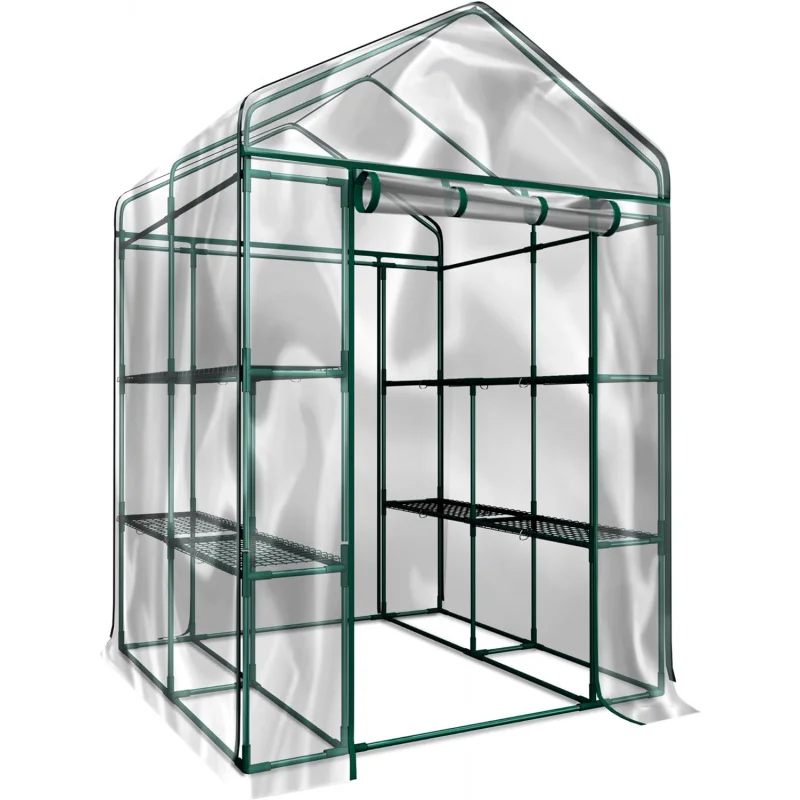 Greenhouse - Walk in Greenhouse with 8 Sturdy Shelves and PVC Cover for Indoor or Outdoor Use - Green House