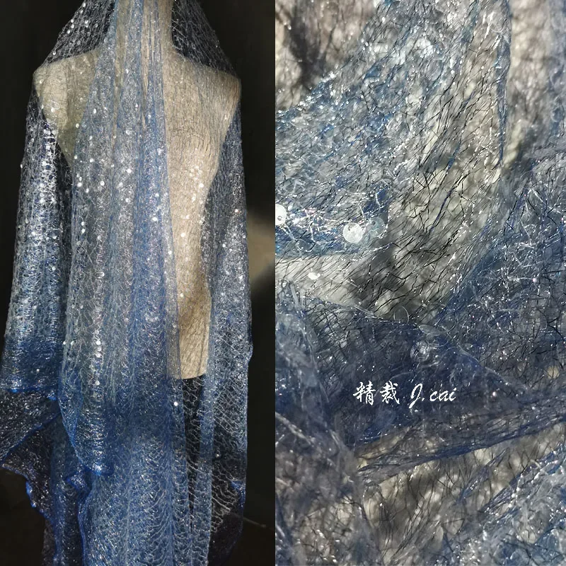 Blue Random Mesh Sequins Heavy-duty Embroidery, Perspective Flash Mesh Fabric Wedding Dress Beads Designer Fabric