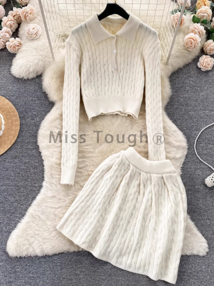 French College Style Sweet Knitted Two Piece Set Women Short Knit Top + High Waist Skirt New Retro Chic Streetwear Solid Suits