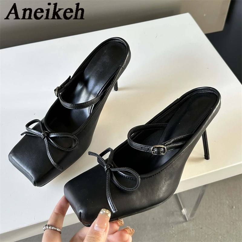 Aneikeh Sexy Square head Thin Heels Wedding Banquet Dress Mule Ladies Shoes 2024 Designer Bowknot Buckle Strap Pumps Women