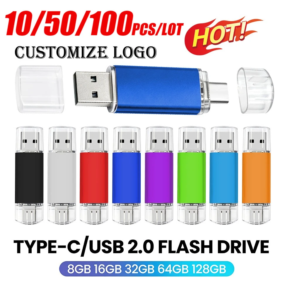 10/50/100PCS TYPE-C USB Flash Drive Memory Stick Pen Drive 64GB USB-C Pendrive 32GB 16GB 8GB Wholesale U Disk Free Custom Logo