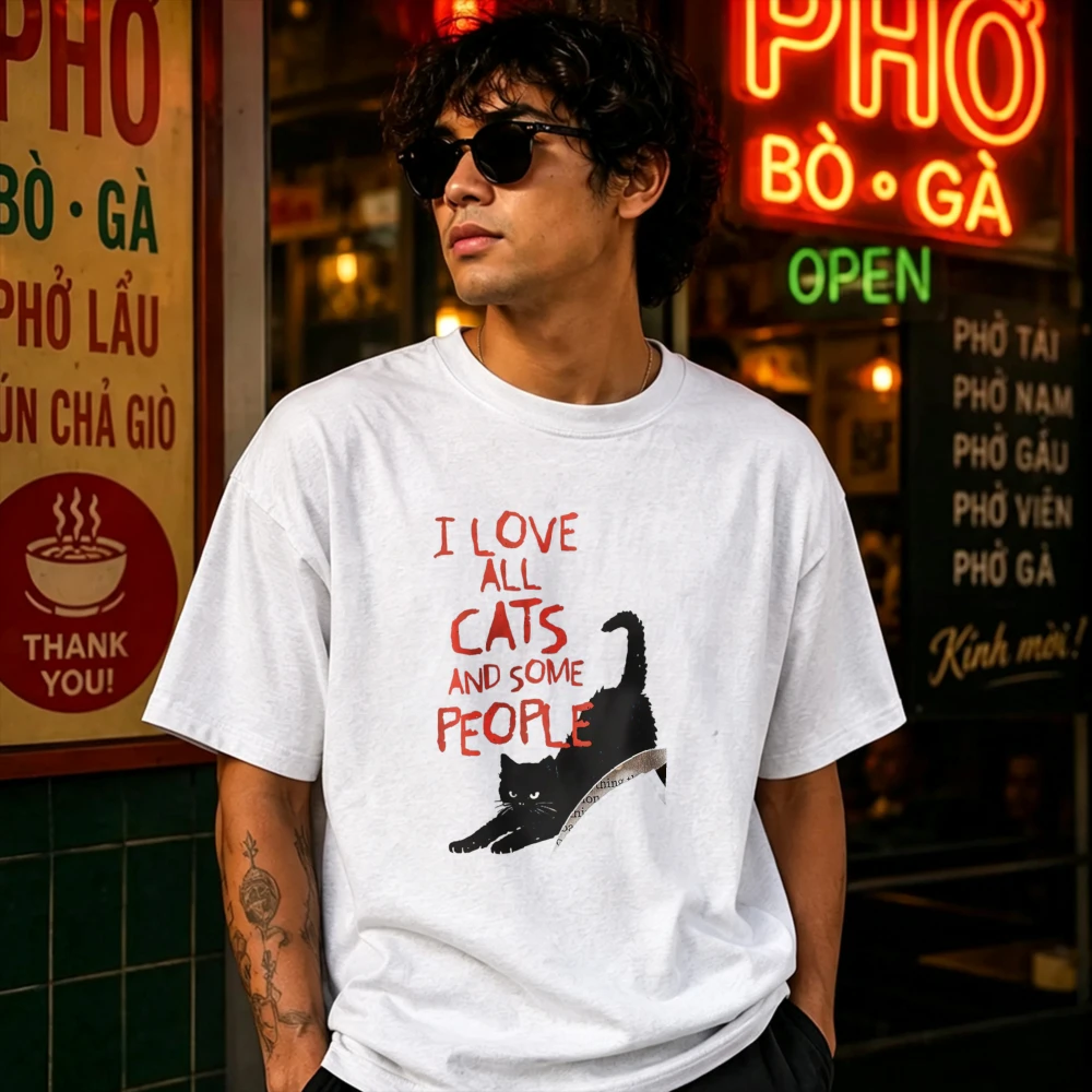 MEN'S I Love All Cats and Some People Black Cat T-Shirt, Funny Introvert Cat Lover Graphic Tee, Sassy Kitty Casual Cotton Shirt