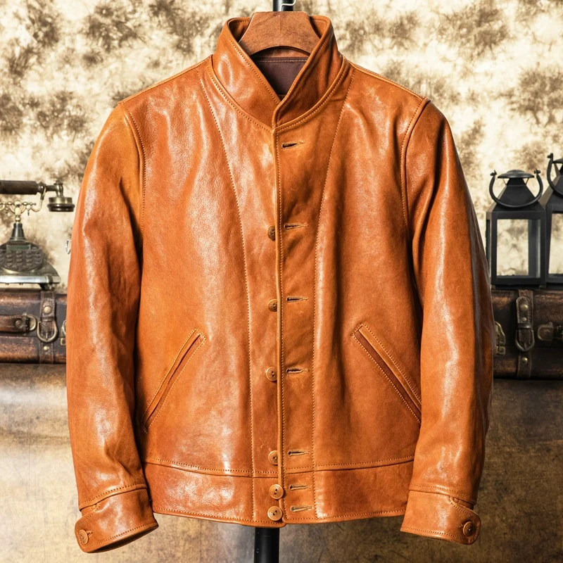 Dark Brown Spring Leather Jacket Men Retro Casual Style Plus Size 4XL Natural Sheepskin Slim Fit Genuine Leather Coat