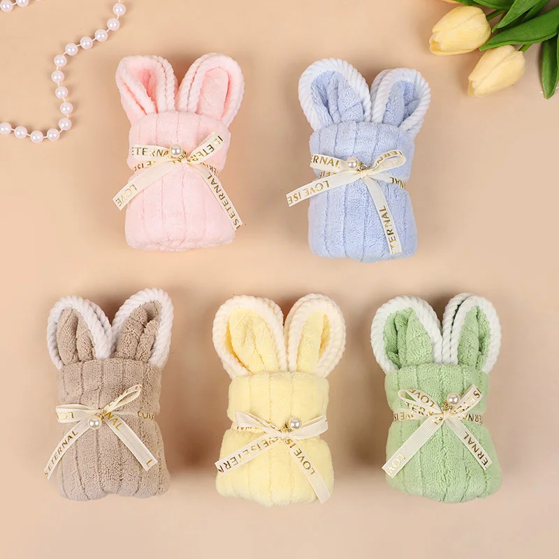 

5pcs Coral Velvet Rabbit Towel With Ribbon Pearl Soft Reusable Kids Birthday Easter Valentine's Day Gift Home Bathroom Decor