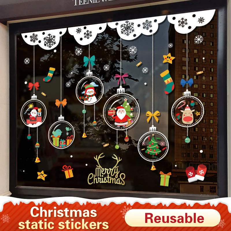 Christmas Window Static Stickers Cartoon Santa Claus Snowman Elk Xmas Bell Glass Wall Stickers Merry Christmas Happy New Year