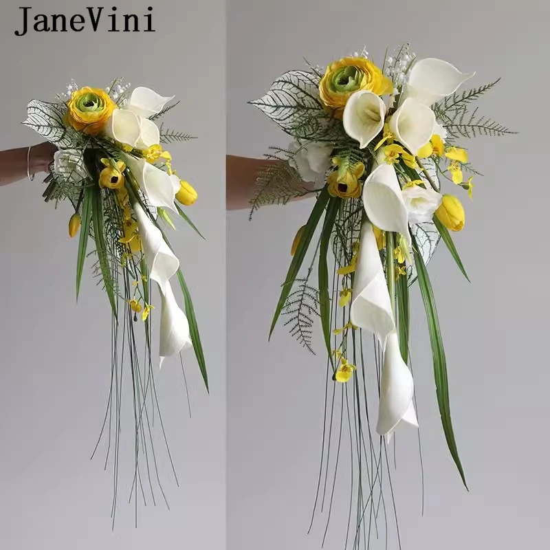 

JaneVini 2024 White Waterfall Calla Lillies Bridal Bouquets Artificial Yellow Roses Cascading Flower Wedding Bouquet for Bride