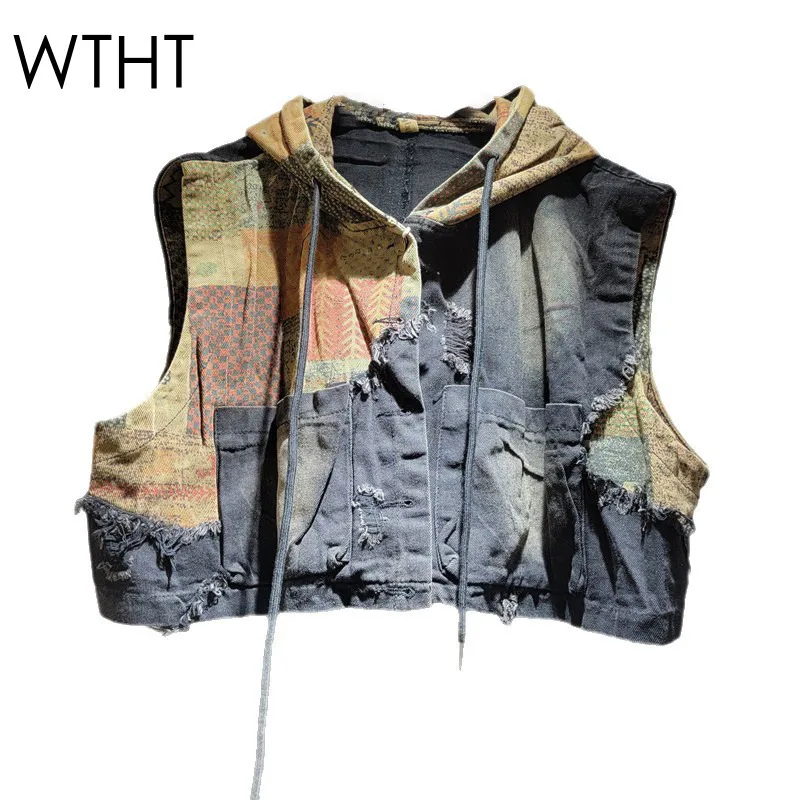 

WTHT Fashion New Women's Contrast Color Patchwork Denim Hooded Vest 2025 Summer Drawstring Sleeveless Waistcoat Female 1LS2035