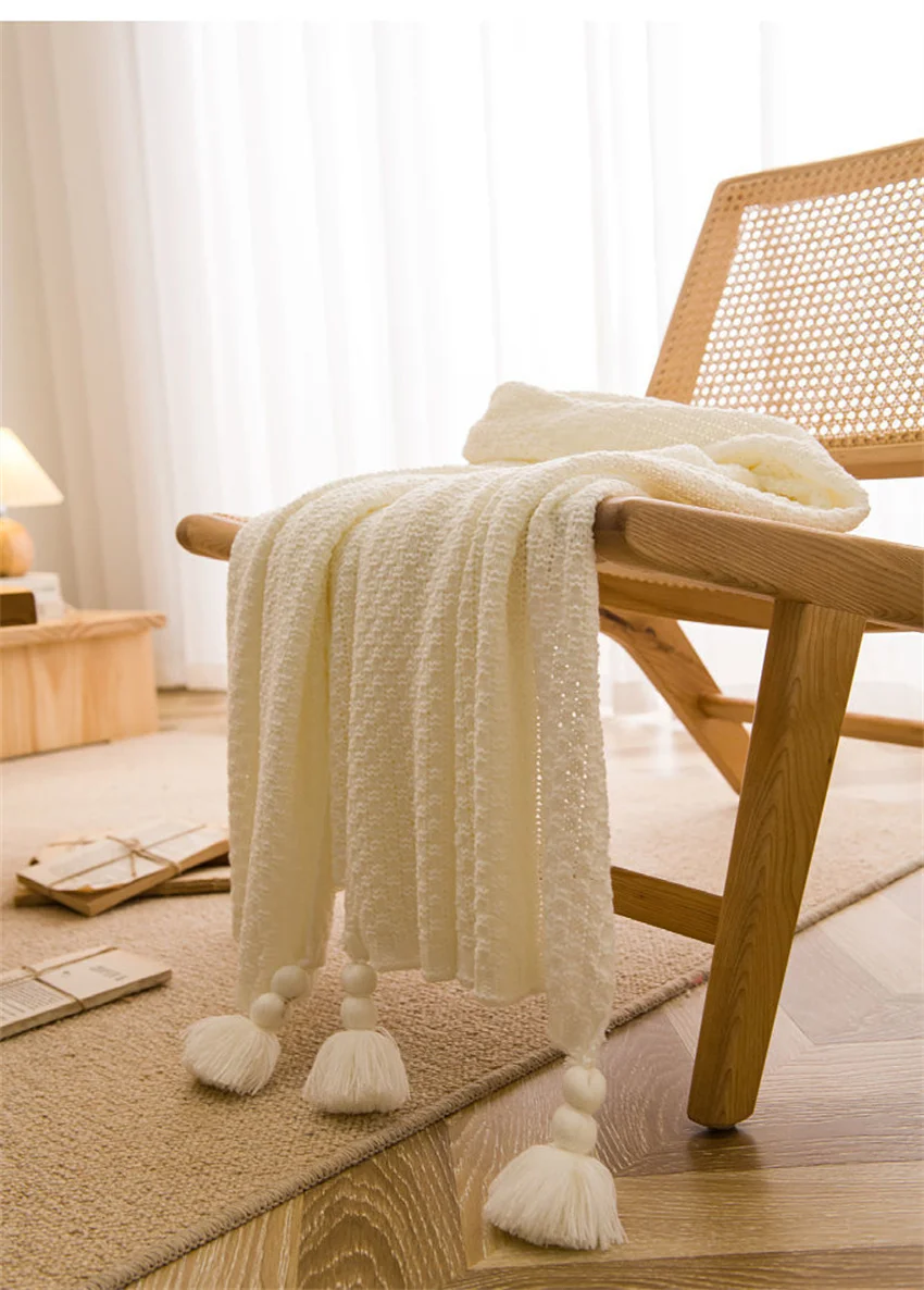 Nordische Decken für Bett, Sofa, Couch, grob gestrickte Tagesdecke, gestrickte Überwurfdecke mit Quaste, einfarbige Waffel-geprägte Decke – Detail 7