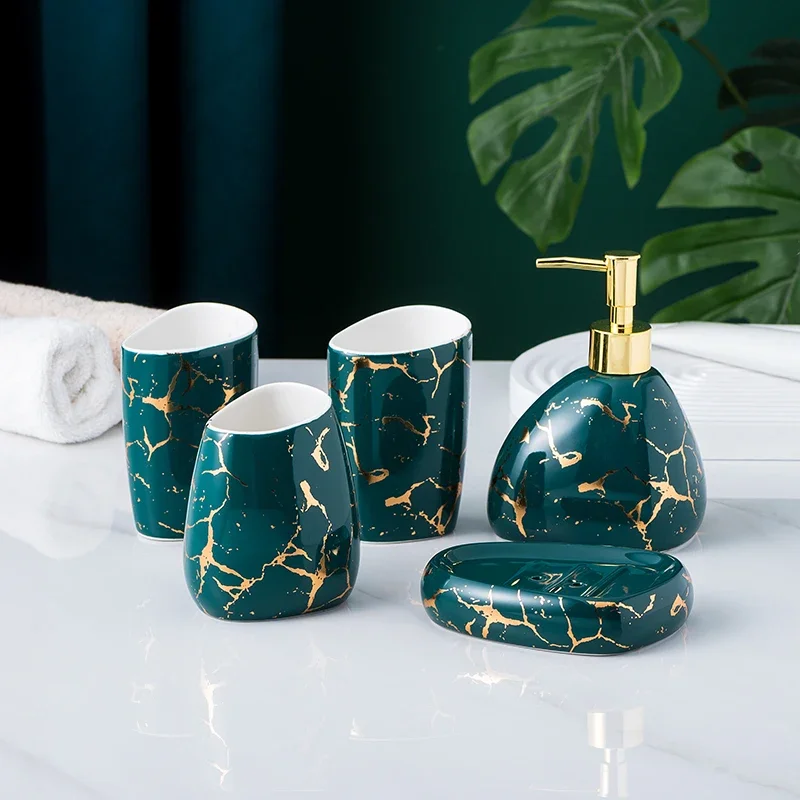 bathroom accessories set Marble gold pattern ceramics toothpaste dispenser soap box toothbrush holder bathroom cup lotion bottle